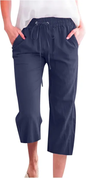 Womens Cotton Linen Pants Straight Leg Capris with Pockets 2025 Summer Pants Casual Lounge Loose Fit Soft Trousers