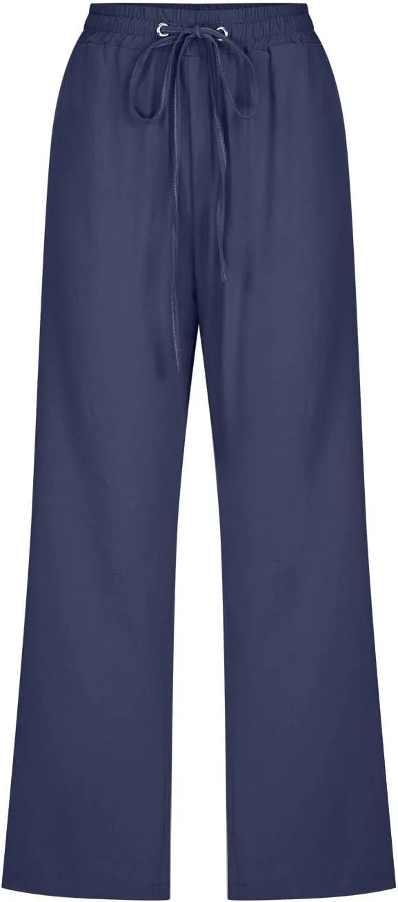Womens Cotton Linen Pants Straight Leg Capris with Pockets 2025 Summer Pants Casual Lounge Loose Fit Soft Trousers
