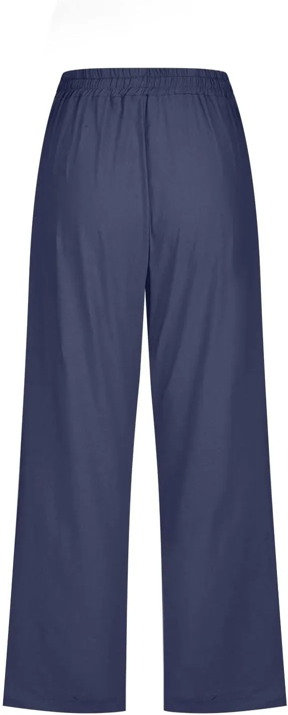 Womens Cotton Linen Pants Straight Leg Capris with Pockets 2025 Summer Pants Casual Lounge Loose Fit Soft Trousers
