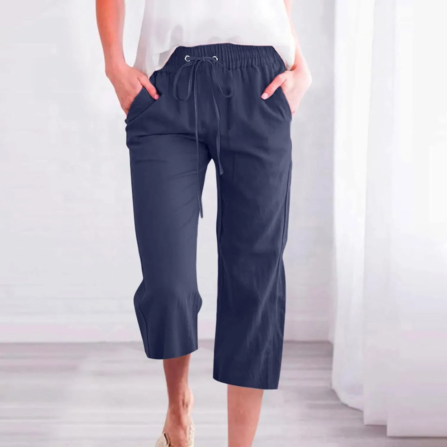 Womens Cotton Linen Pants Straight Leg Capris with Pockets 2025 Summer Pants Casual Lounge Loose Fit Soft Trousers