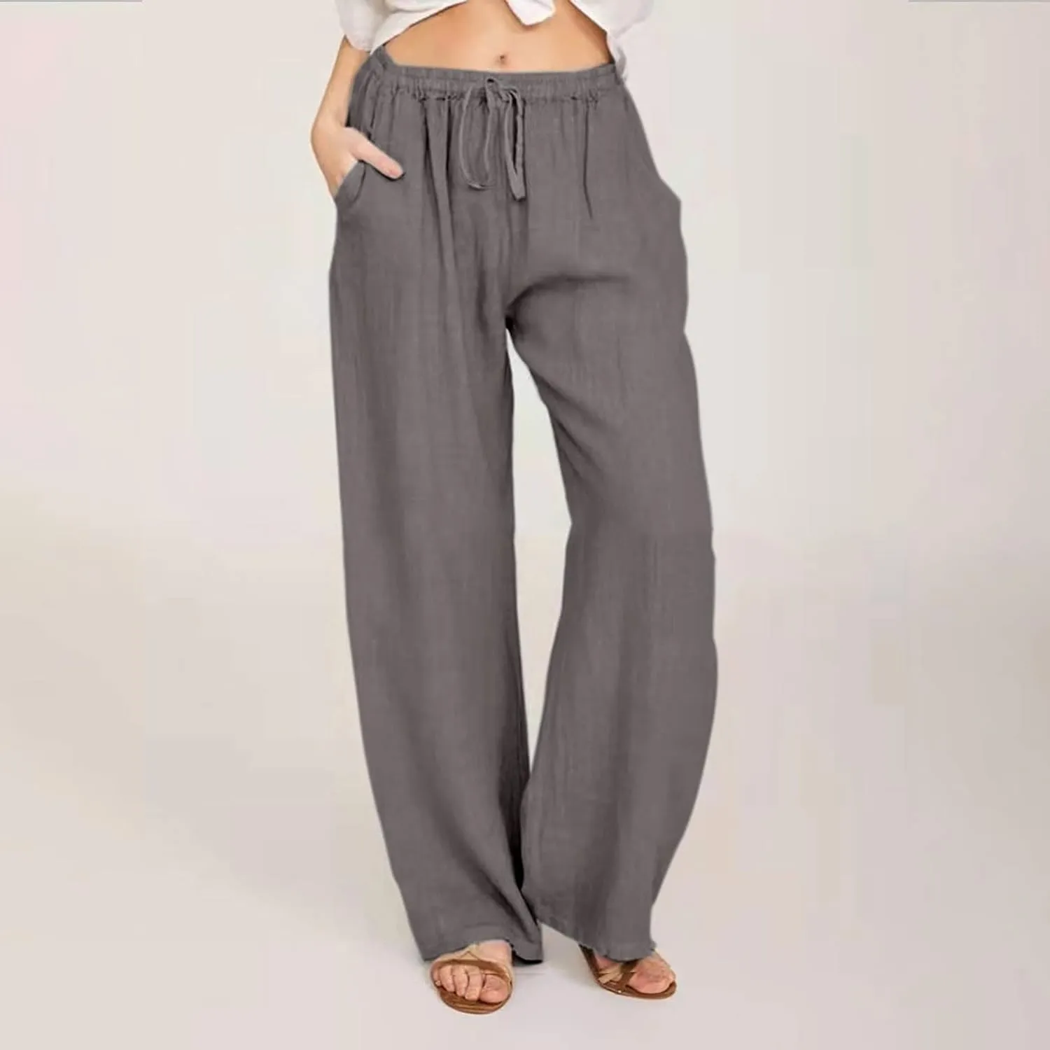 Women's Cotton Linen Pants Summer Elastic Waist Palazzo Pants with Drawstring Flowy Wide Leg Beach Trousers with Pockets