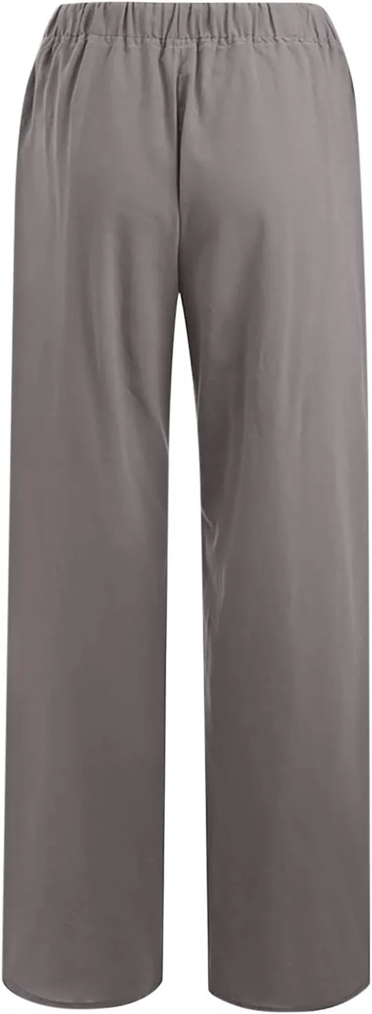 Women's Cotton Linen Pants Summer Elastic Waist Palazzo Pants with Drawstring Flowy Wide Leg Beach Trousers with Pockets