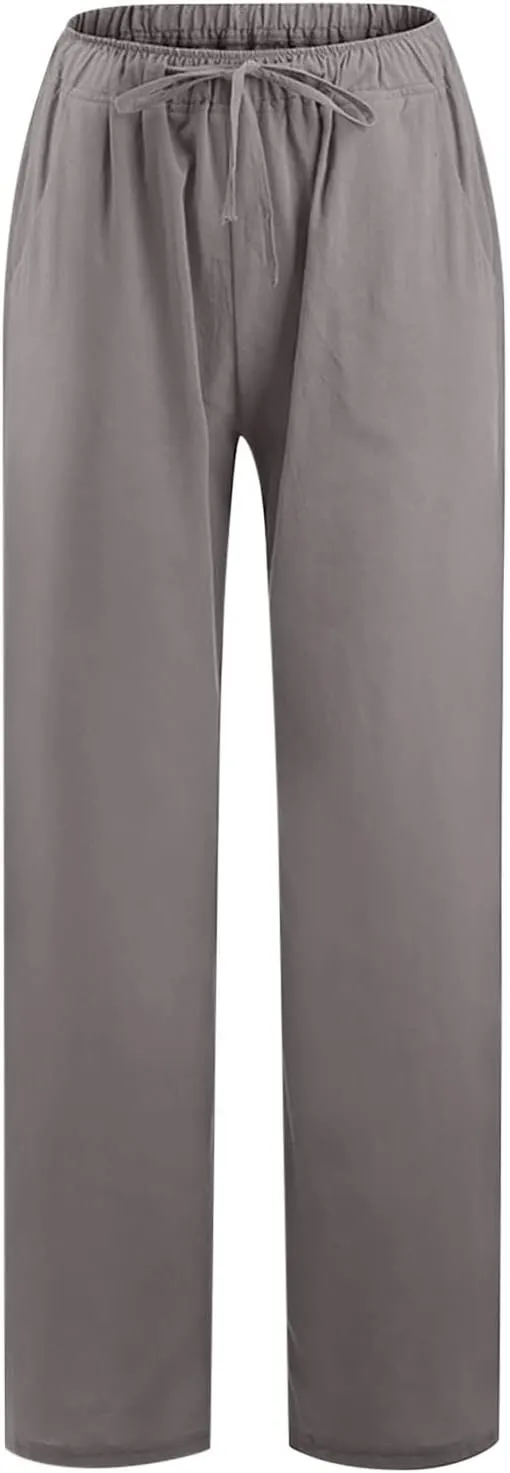 Women's Cotton Linen Pants Summer Elastic Waist Palazzo Pants with Drawstring Flowy Wide Leg Beach Trousers with Pockets