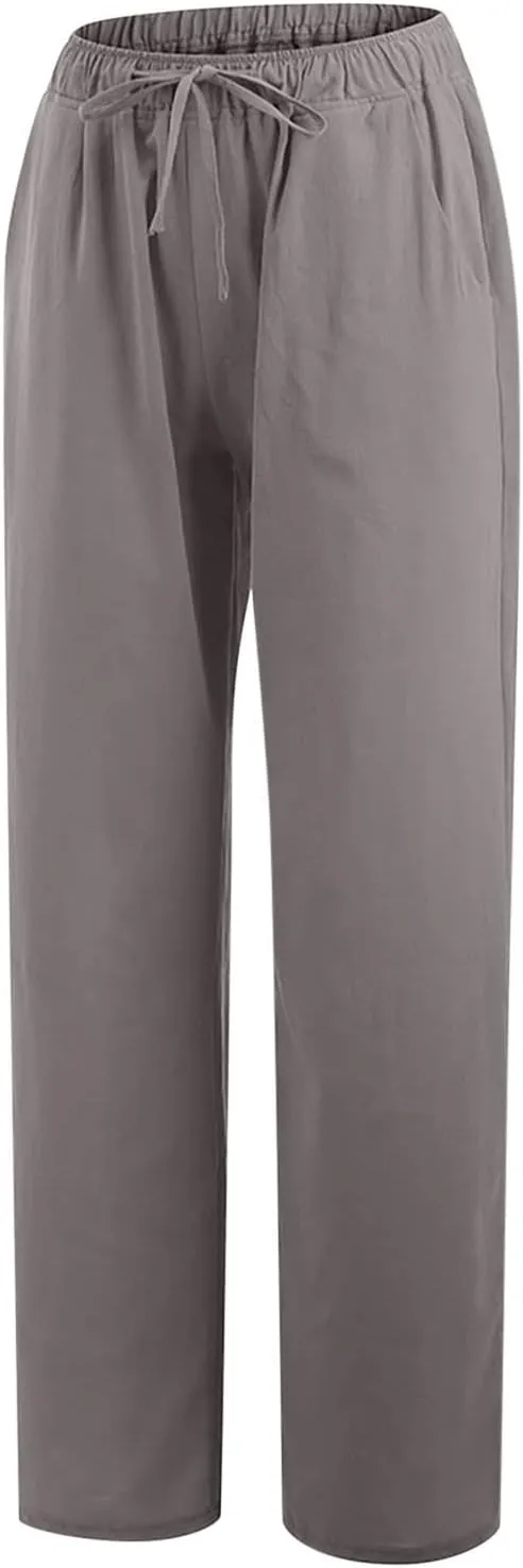 Women's Cotton Linen Pants Summer Elastic Waist Palazzo Pants with Drawstring Flowy Wide Leg Beach Trousers with Pockets