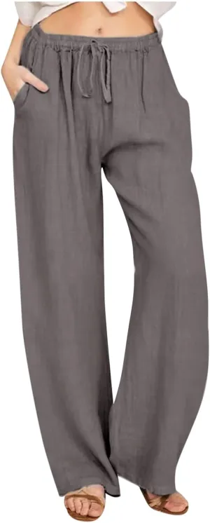 Women's Cotton Linen Pants Summer Elastic Waist Palazzo Pants with Drawstring Flowy Wide Leg Beach Trousers with Pockets