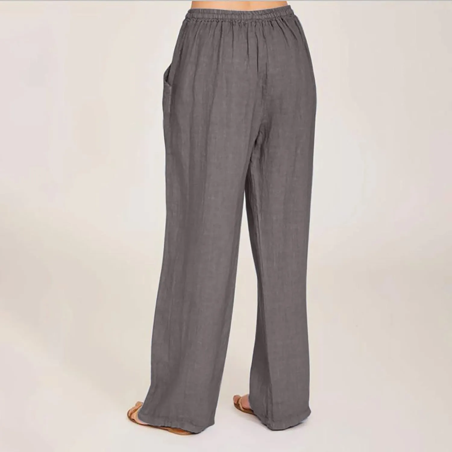 Women's Cotton Linen Pants Summer Elastic Waist Palazzo Pants with Drawstring Flowy Wide Leg Beach Trousers with Pockets