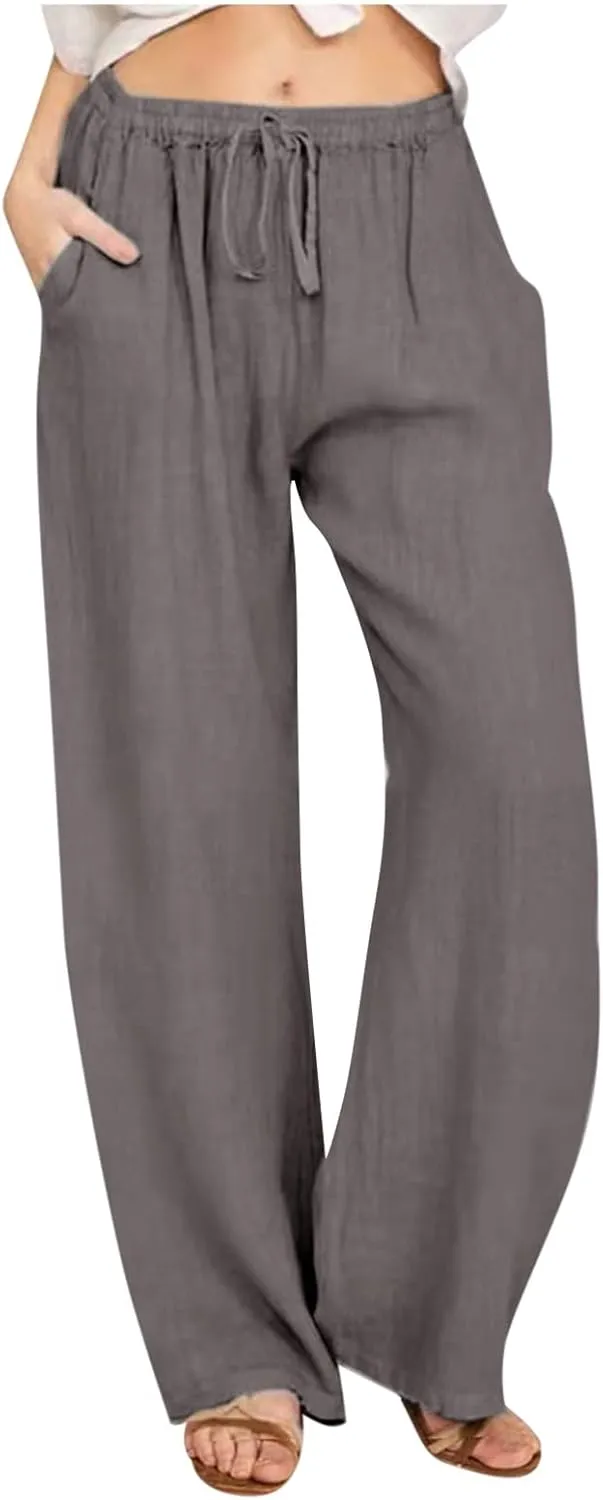 Women's Cotton Linen Pants Summer Elastic Waist Palazzo Pants with Drawstring Flowy Wide Leg Beach Trousers with Pockets