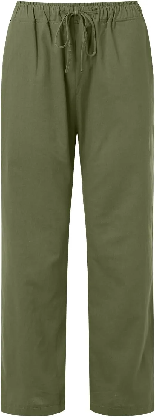 Womens Cotton Linen Pants Wide Leg Summer Casual Loose Drawstring High Waist Trousers Lightweight Palazzo Pants Pockets
