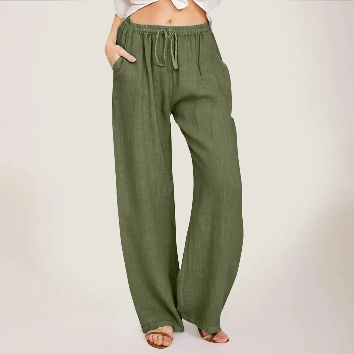 Womens Cotton Linen Pants Wide Leg Summer Casual Loose Drawstring High Waist Trousers Lightweight Palazzo Pants Pockets