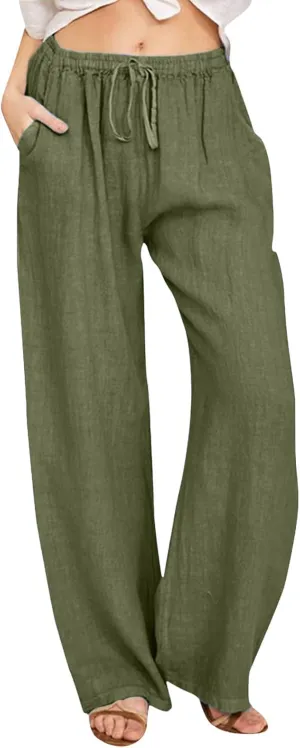 Womens Cotton Linen Pants Wide Leg Summer Casual Loose Drawstring High Waist Trousers Lightweight Palazzo Pants Pockets