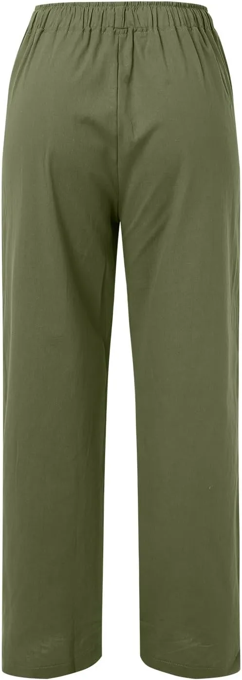 Womens Cotton Linen Pants Wide Leg Summer Casual Loose Drawstring High Waist Trousers Lightweight Palazzo Pants Pockets