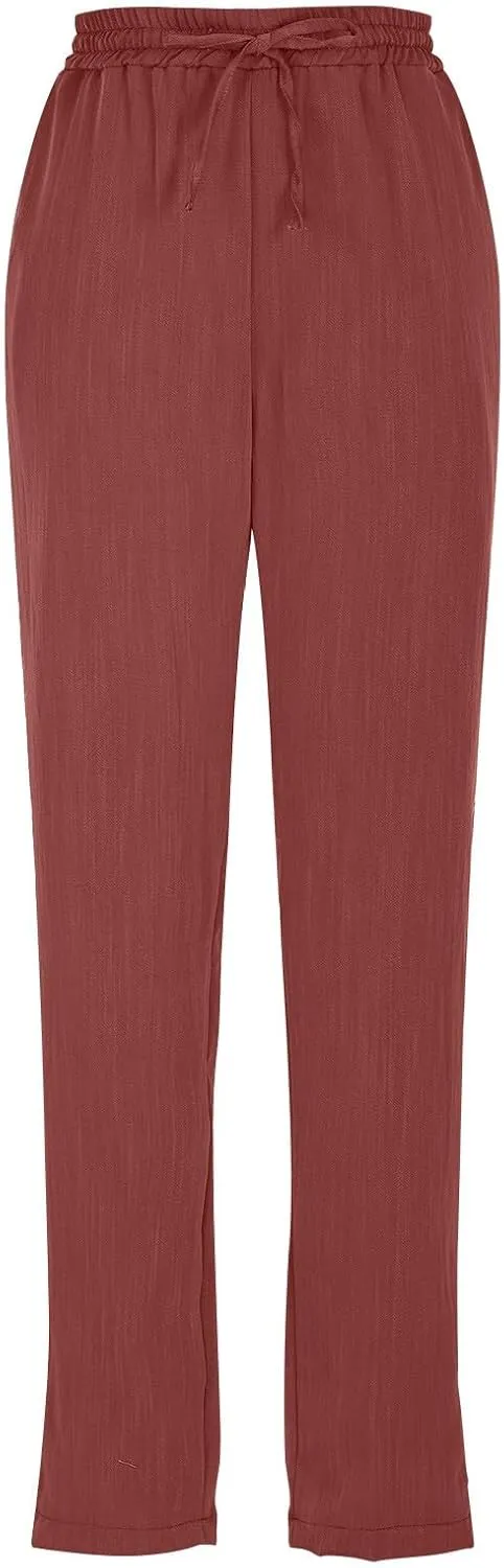 Women's Cotton Linen Straight Leg Pants Elastic Drawstring Trousers with Pockets Summer Beach Lounge Pants