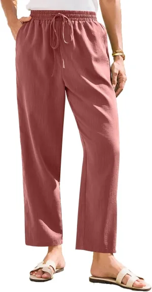 Women's Cotton Linen Straight Leg Pants Elastic Drawstring Trousers with Pockets Summer Beach Lounge Pants