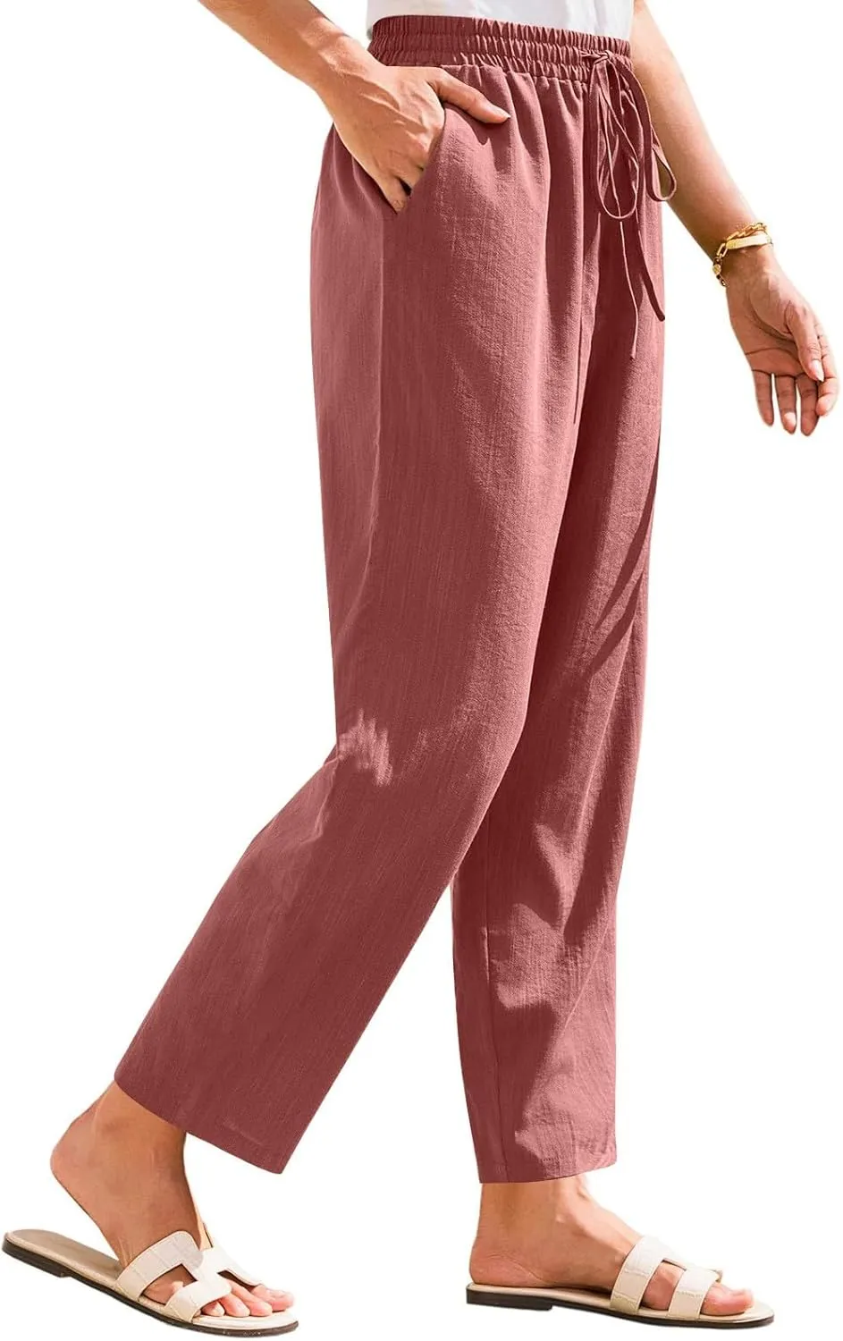 Women's Cotton Linen Straight Leg Pants Elastic Drawstring Trousers with Pockets Summer Beach Lounge Pants