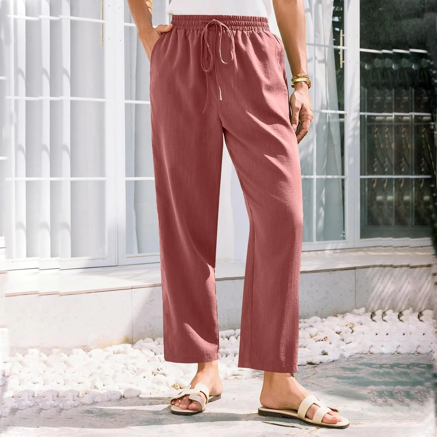 Women's Cotton Linen Straight Leg Pants Elastic Drawstring Trousers with Pockets Summer Beach Lounge Pants