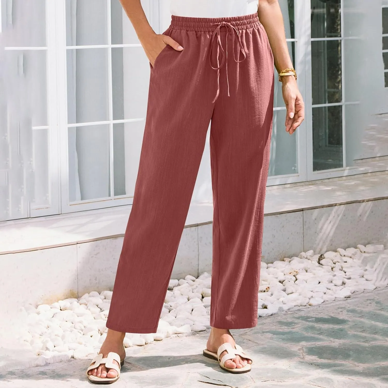 Women's Cotton Linen Straight Leg Pants Elastic Drawstring Trousers with Pockets Summer Beach Lounge Pants
