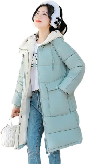 Women's Cotton Padded Snow Parka Hooded Down Cotton Coat Winter Mid Length Thick Outwear