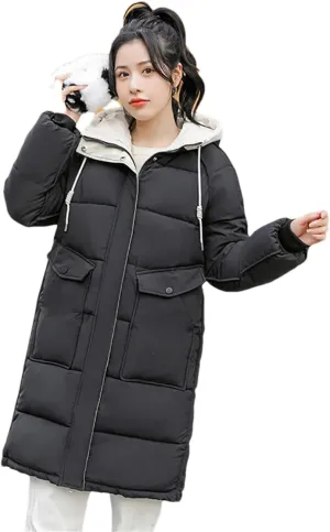 Women's Cotton Padded Snow Parka Hooded Down Cotton Coat Winter Mid Length Thick Outwear