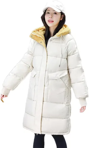 Women's Cotton Padded Snow Parka Hooded Down Cotton Coat Winter Mid Length Thick Outwear