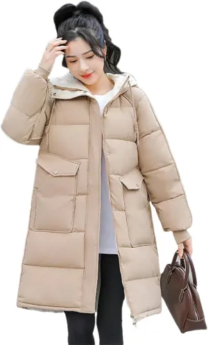 Women's Cotton Padded Snow Parka Hooded Down Cotton Coat Winter Mid Length Thick Outwear
