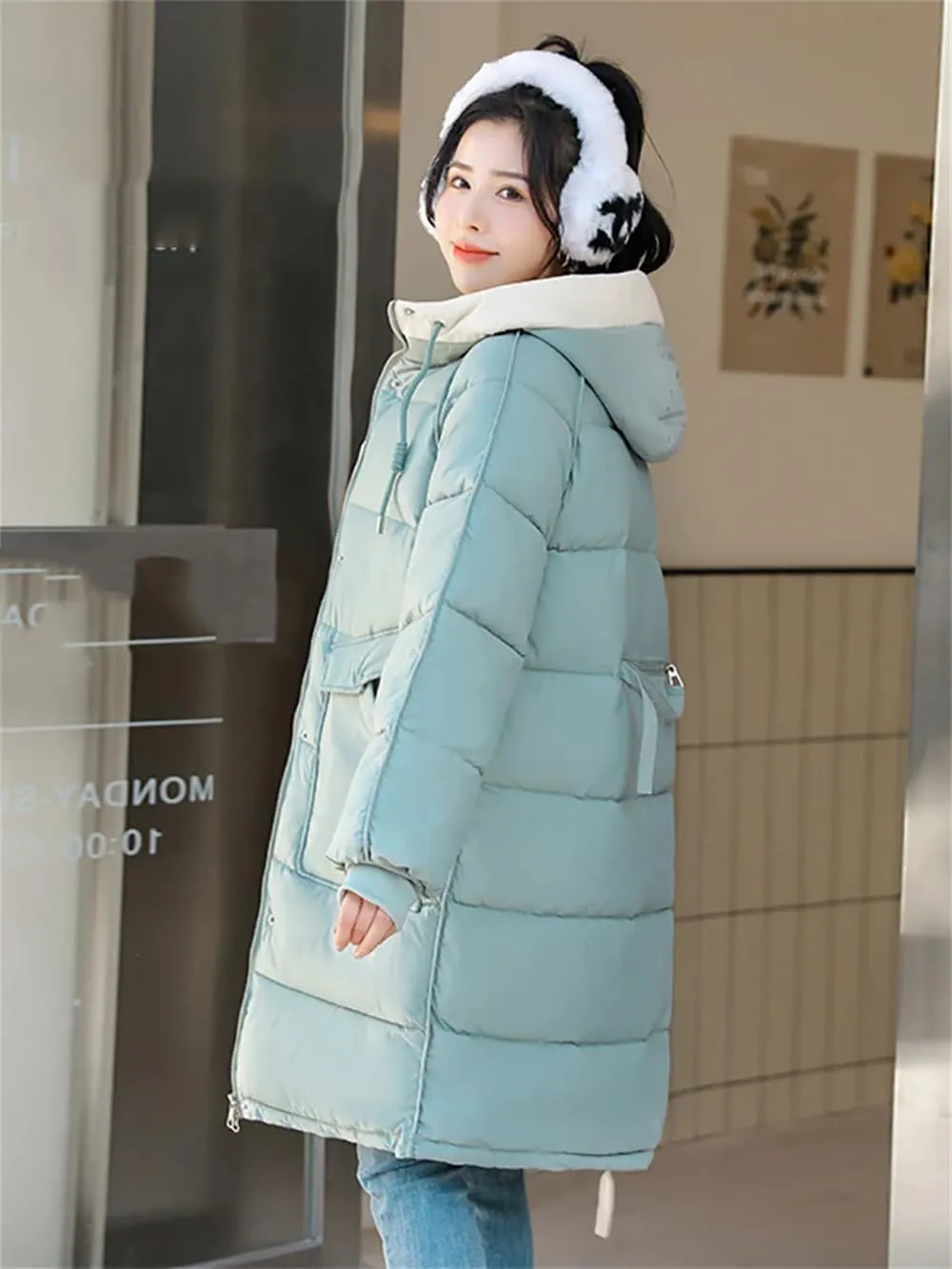 Women's Cotton Padded Snow Parka Hooded Down Cotton Coat Winter Mid Length Thick Outwear