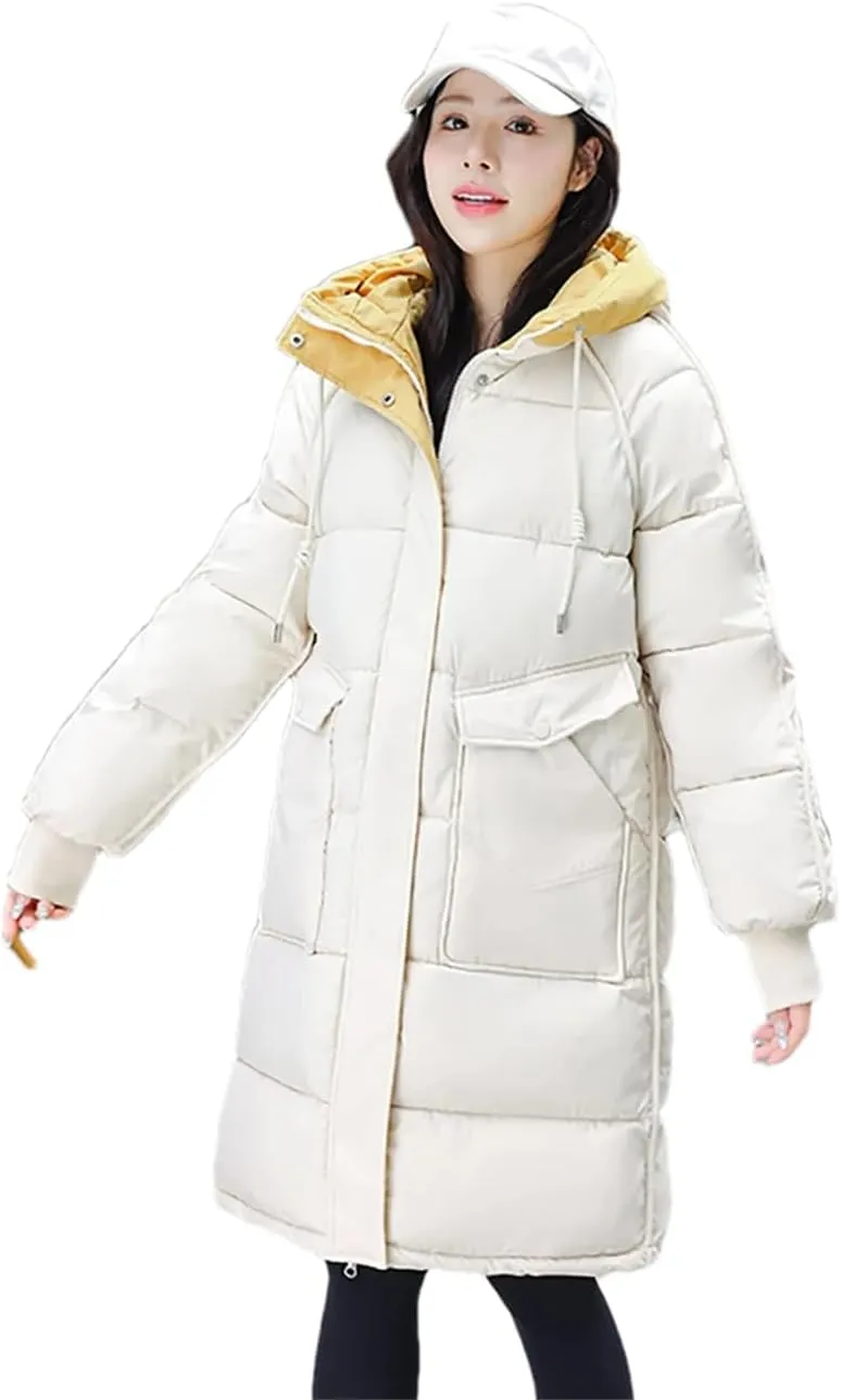Women's Cotton Padded Snow Parka Hooded Down Cotton Coat Winter Mid Length Thick Outwear