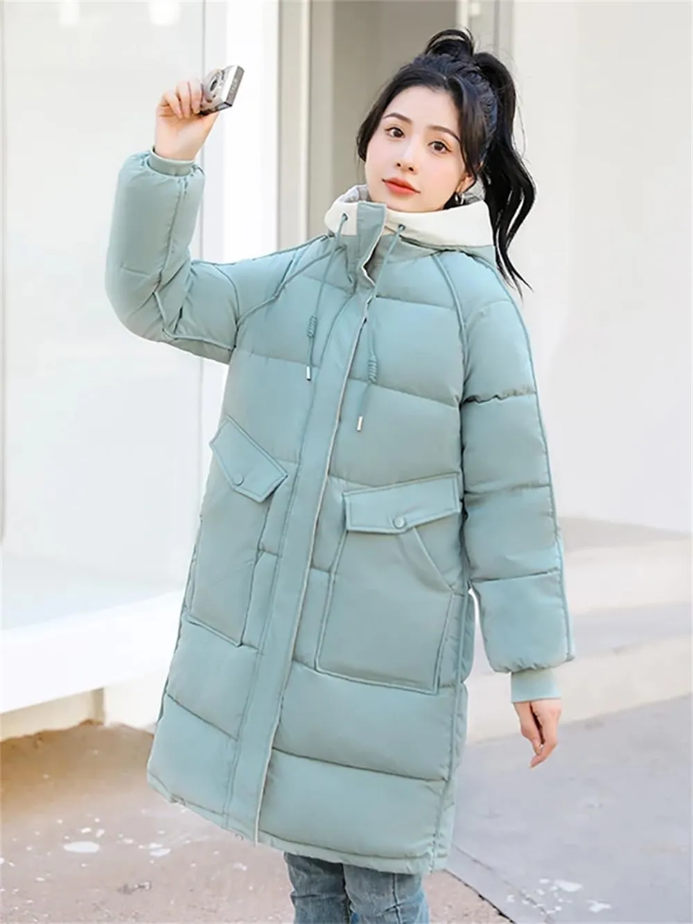 Women's Cotton Padded Snow Parka Hooded Down Cotton Coat Winter Mid Length Thick Outwear