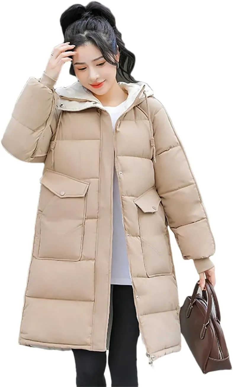 Women's Cotton Padded Snow Parka Hooded Down Cotton Coat Winter Mid Length Thick Outwear