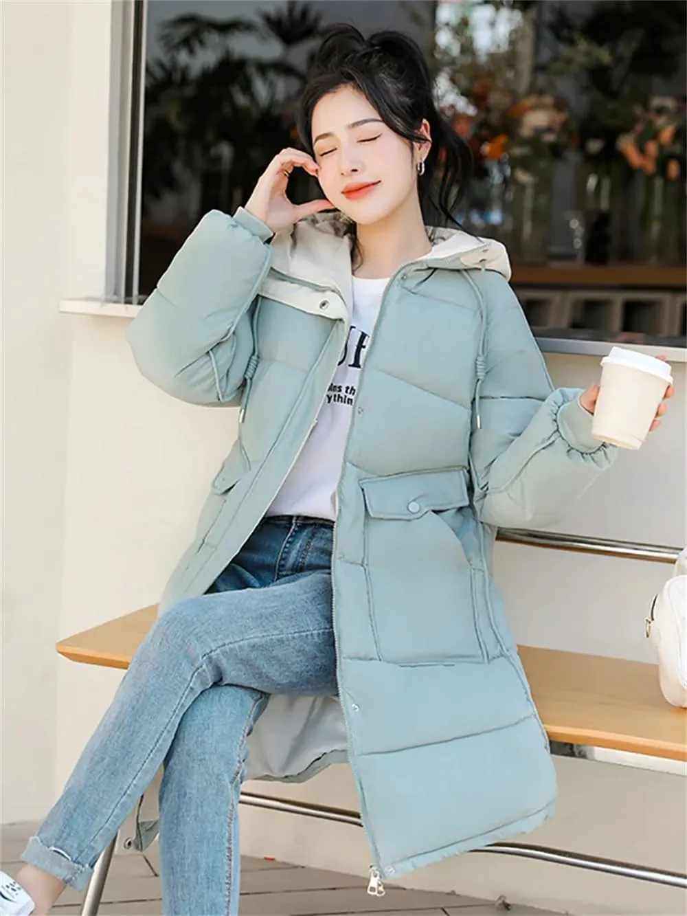 Women's Cotton Padded Snow Parka Hooded Down Cotton Coat Winter Mid Length Thick Outwear