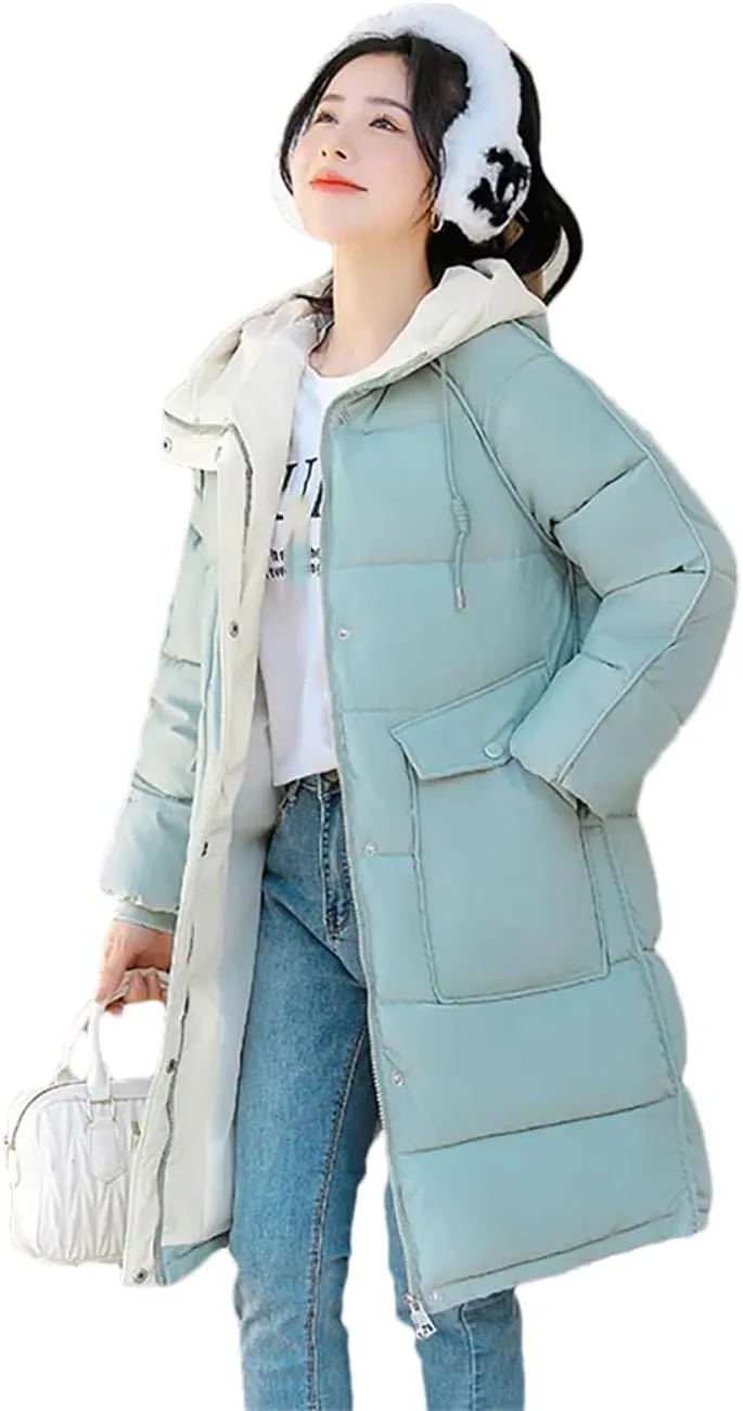 Women's Cotton Padded Snow Parka Hooded Down Cotton Coat Winter Mid Length Thick Outwear