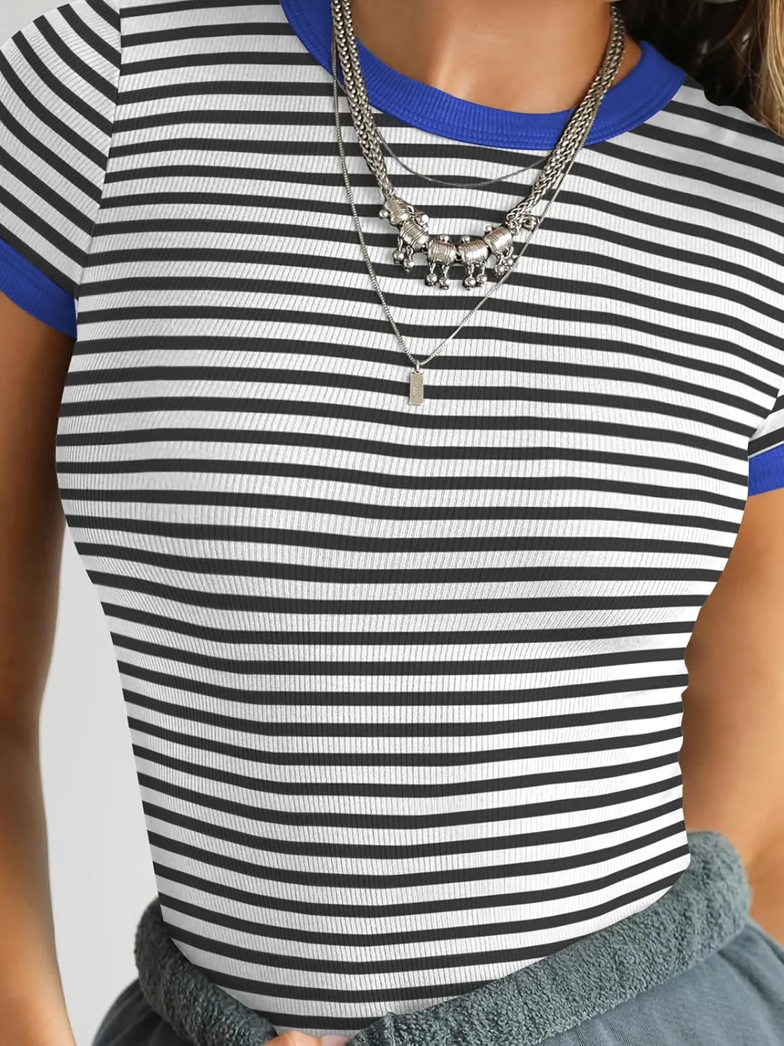 Womens Crew Neck Ribbed Skim Short Sleeve Fitted T Shirts Casual Basic Tight Tees Stretchy Tops for Women
