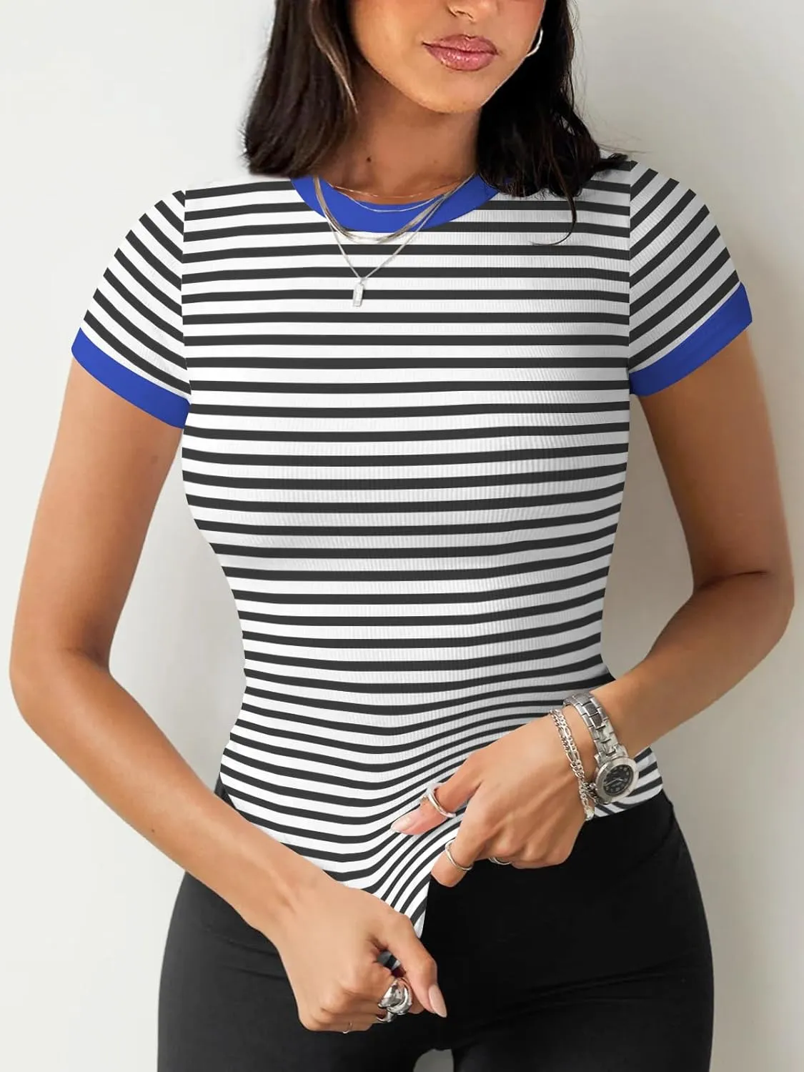 Womens Crew Neck Ribbed Skim Short Sleeve Fitted T Shirts Casual Basic Tight Tees Stretchy Tops for Women