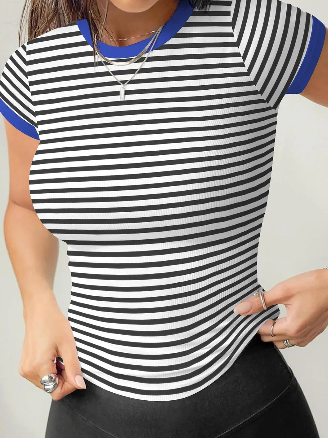 Womens Crew Neck Ribbed Skim Short Sleeve Fitted T Shirts Casual Basic Tight Tees Stretchy Tops for Women