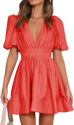Womens Dresses Sexy Sundress Puff Sleeve Deep V Neck Mini Dress Ruffle Pleated Waist Dresses Summer Dress 2025
