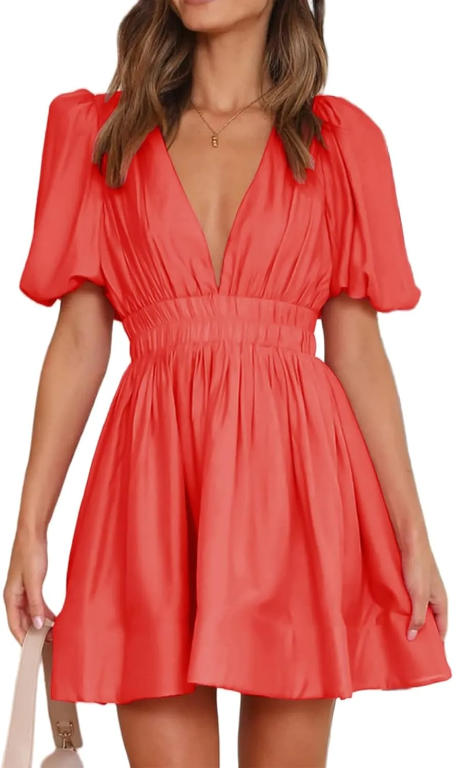 Womens Dresses Sexy Sundress Puff Sleeve Deep V Neck Mini Dress Ruffle Pleated Waist Dresses Summer Dress 2025