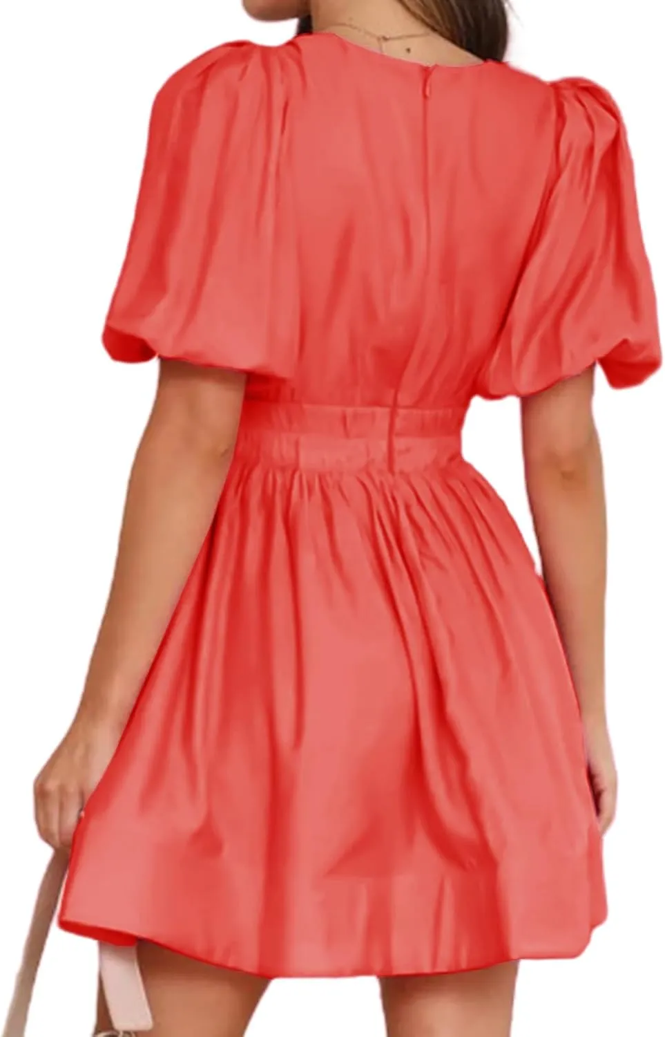 Womens Dresses Sexy Sundress Puff Sleeve Deep V Neck Mini Dress Ruffle Pleated Waist Dresses Summer Dress 2025