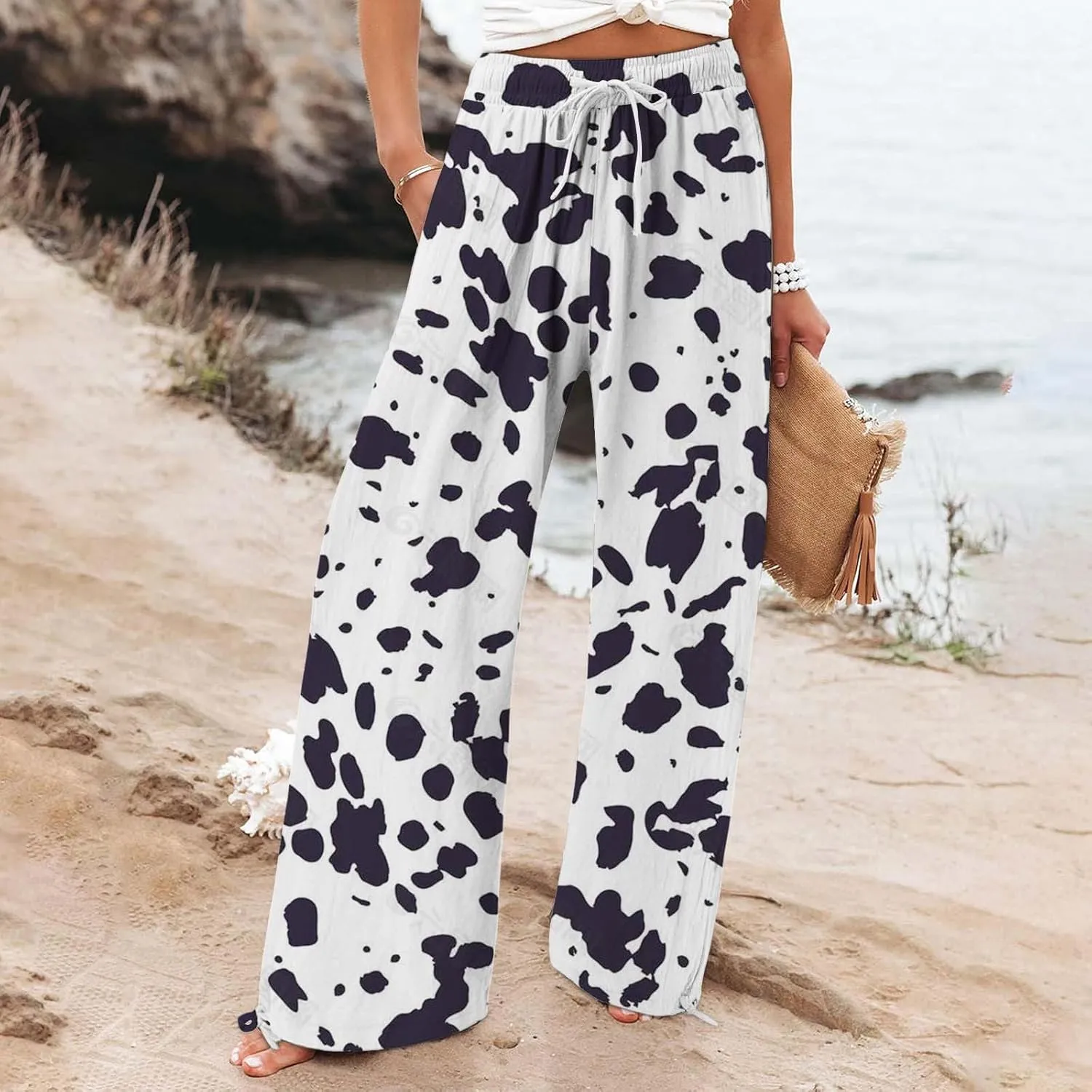 Womens Elastic High Waisted Pants Womens Cotton Casual Loose Pants Comfy Work Pants with Pockets Elastic High Waist
