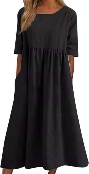 Womens Eyelet Dress Pastel Dress for Women Short Sleeve V Neck Beach Dresses with Pockets