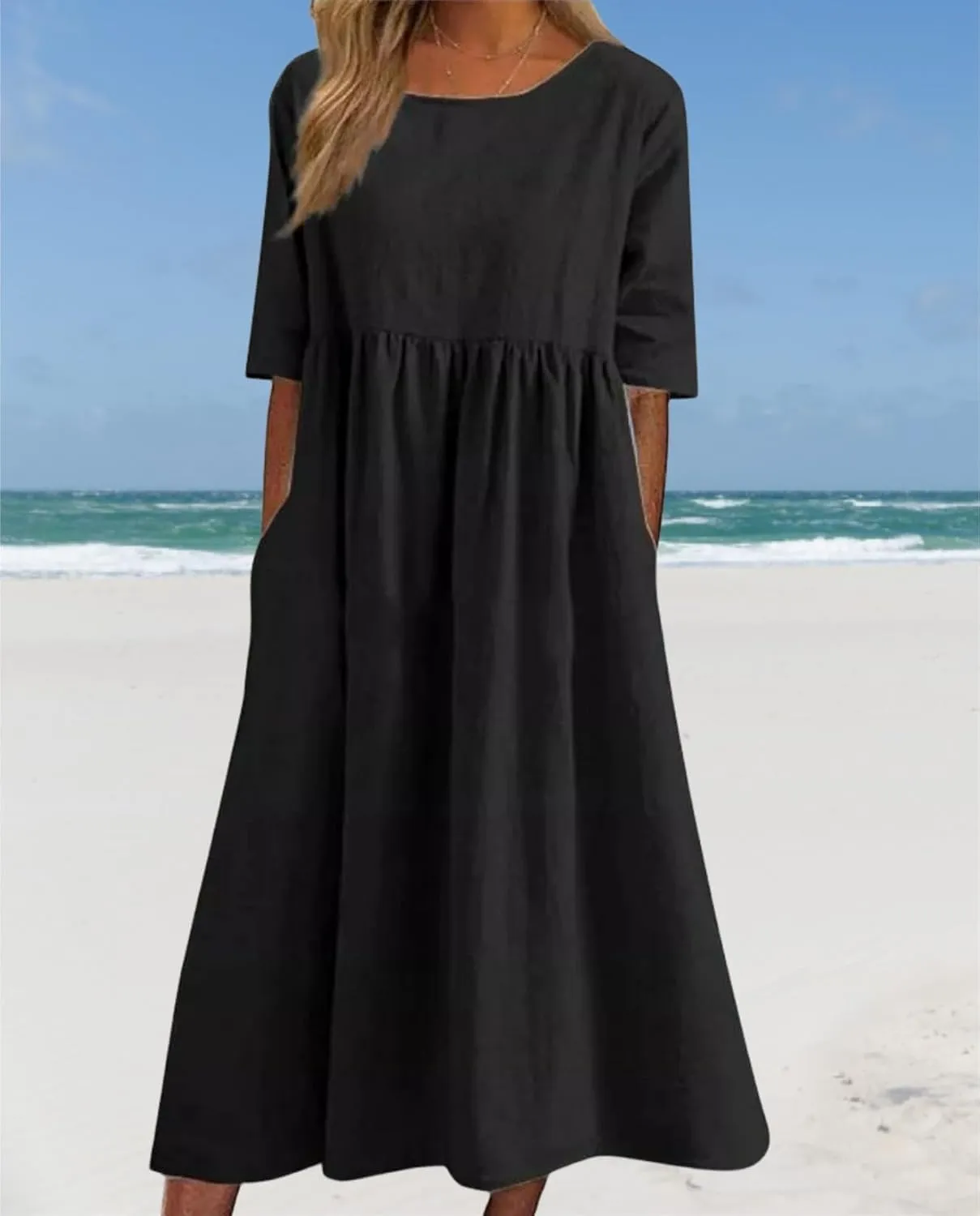 Womens Eyelet Dress Pastel Dress for Women Short Sleeve V Neck Beach Dresses with Pockets