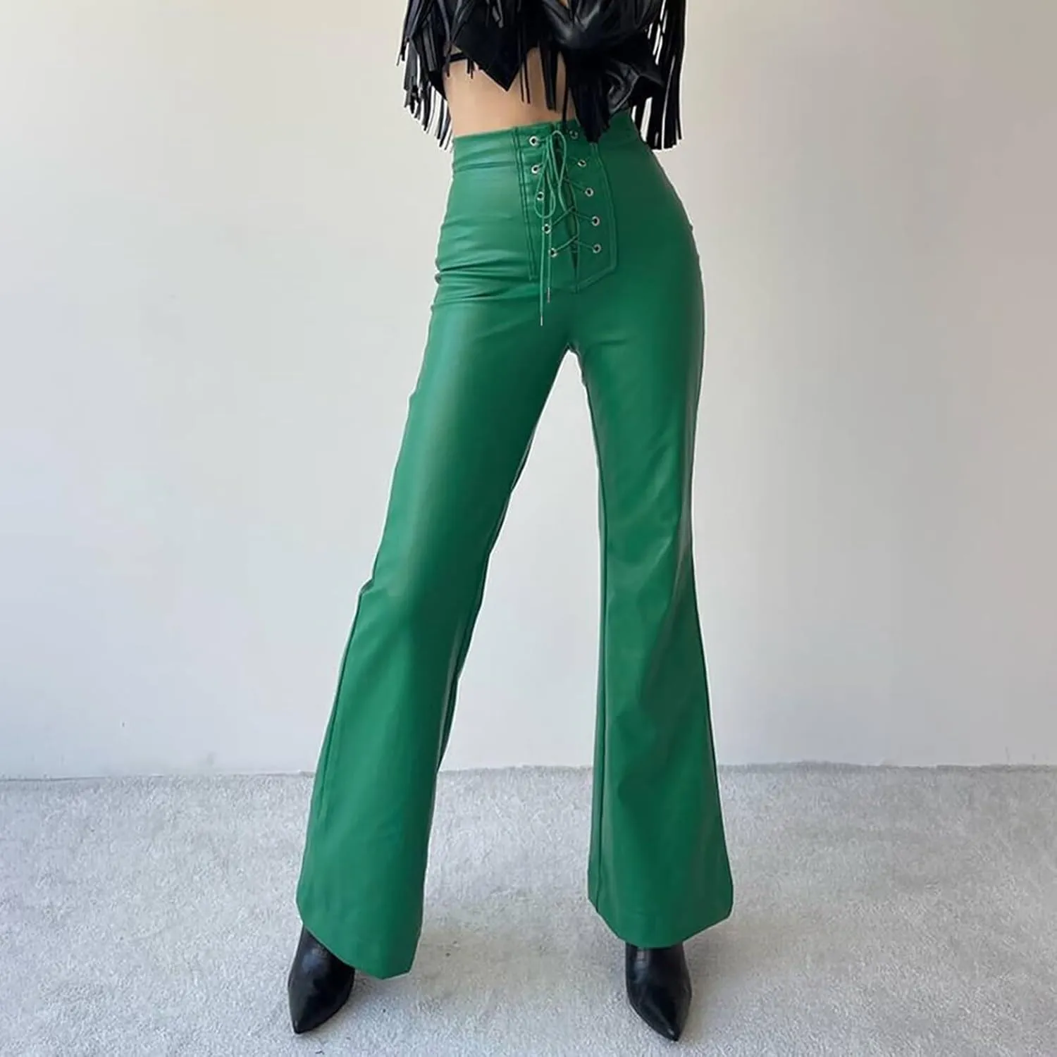 Womens Faux Leather Pants High Waisted Drawstring Front Crisscross Flare Wide Leg Pants Stretchy Y2K Party Clubwear Trousers