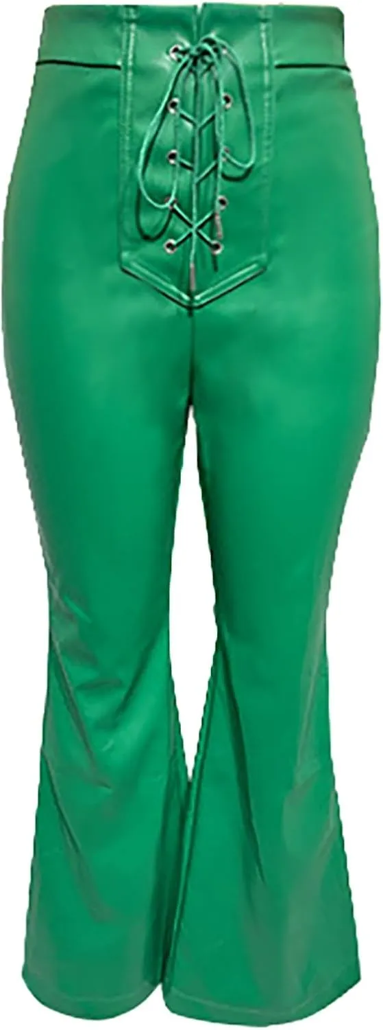 Womens Faux Leather Pants High Waisted Drawstring Front Crisscross Flare Wide Leg Pants Stretchy Y2K Party Clubwear Trousers