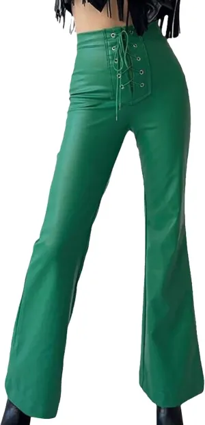 Womens Faux Leather Pants High Waisted Drawstring Front Crisscross Flare Wide Leg Pants Stretchy Y2K Party Clubwear Trousers