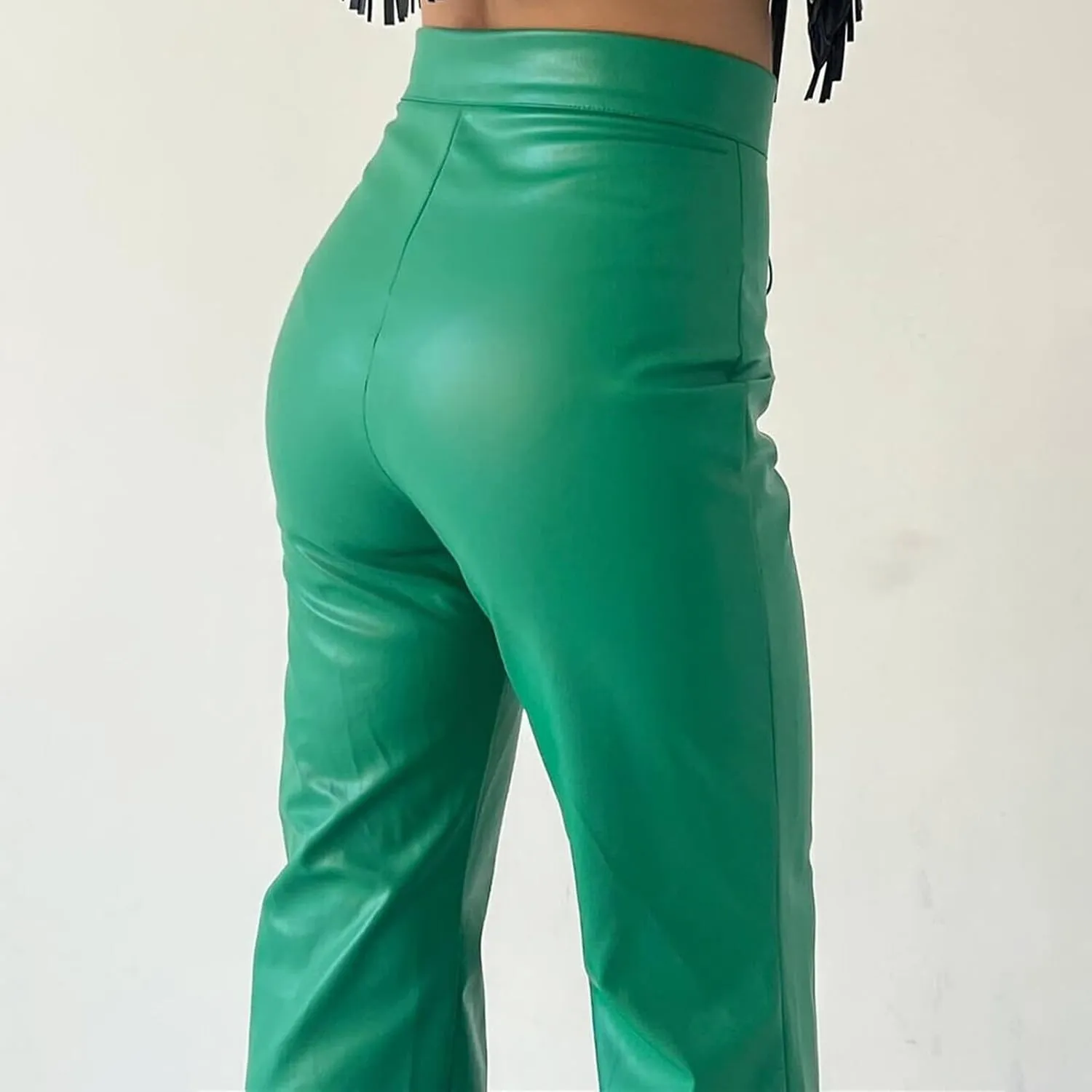 Womens Faux Leather Pants High Waisted Drawstring Front Crisscross Flare Wide Leg Pants Stretchy Y2K Party Clubwear Trousers