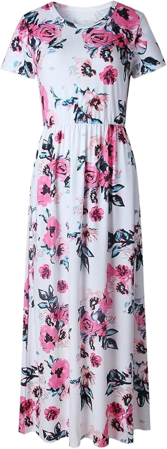 Women's Floral Maxi Long Dress Short Sleeve O Neck Summer Casual Dress with Pocket Holiday Beach Party Sundress Vestidos