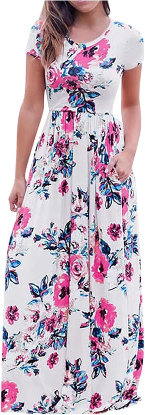 Women's Floral Maxi Long Dress Short Sleeve O Neck Summer Casual Dress with Pocket Holiday Beach Party Sundress Vestidos