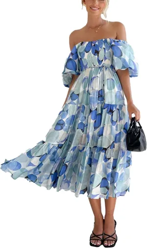 Women's Floral Square Neck Maxi Dress Summer Boho Long Dresses Puff Short Sleeve Tiered Maxi Dress Beach Vacation Sundress