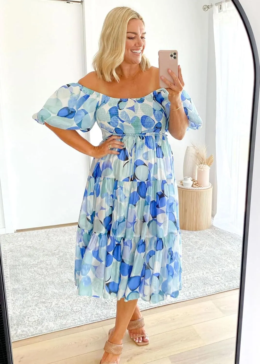 Women's Floral Square Neck Maxi Dress Summer Boho Long Dresses Puff Short Sleeve Tiered Maxi Dress Beach Vacation Sundress
