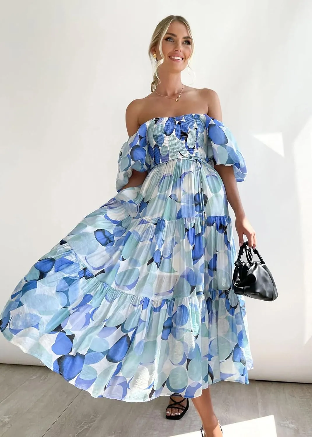 Women's Floral Square Neck Maxi Dress Summer Boho Long Dresses Puff Short Sleeve Tiered Maxi Dress Beach Vacation Sundress