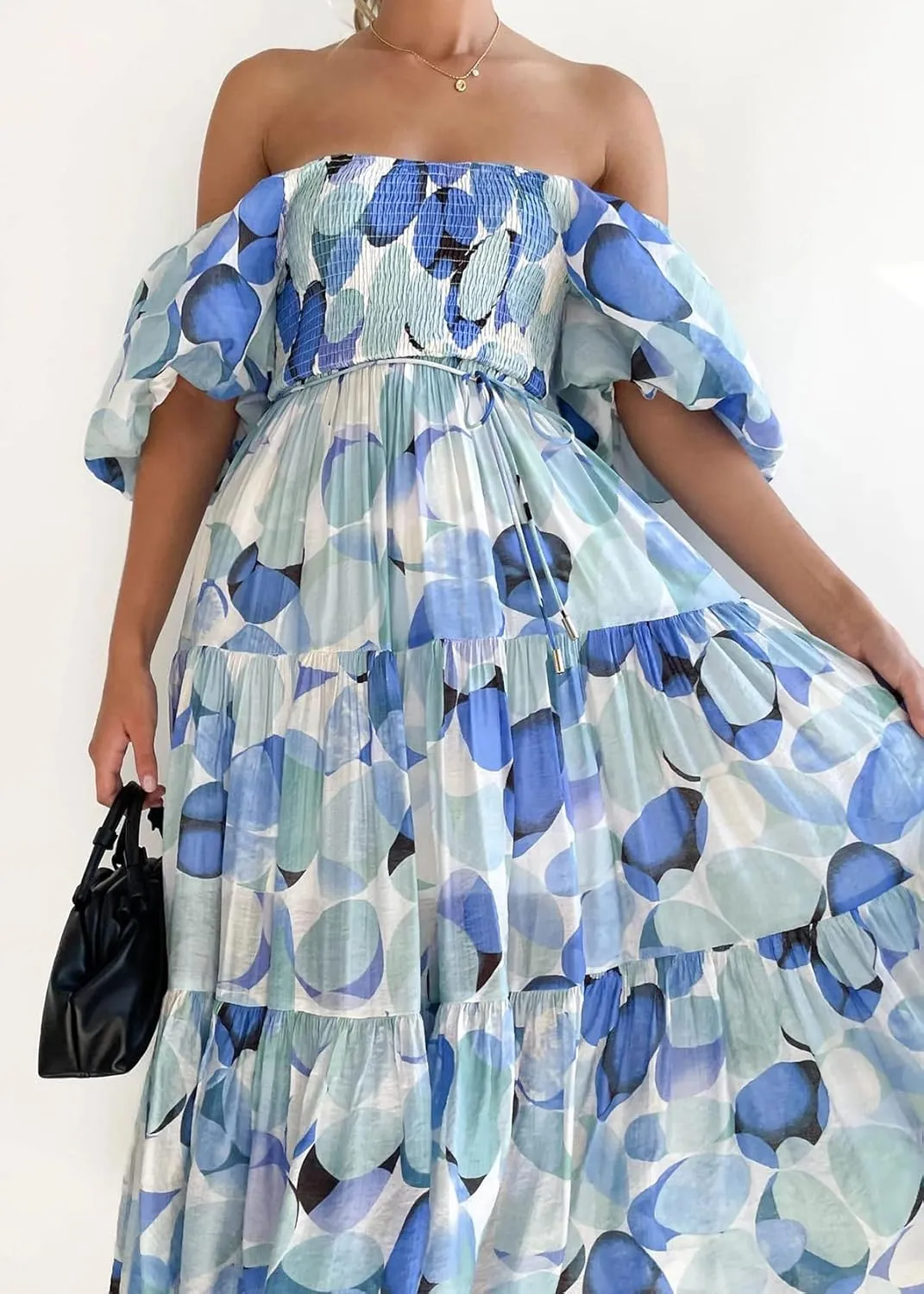 Women's Floral Square Neck Maxi Dress Summer Boho Long Dresses Puff Short Sleeve Tiered Maxi Dress Beach Vacation Sundress