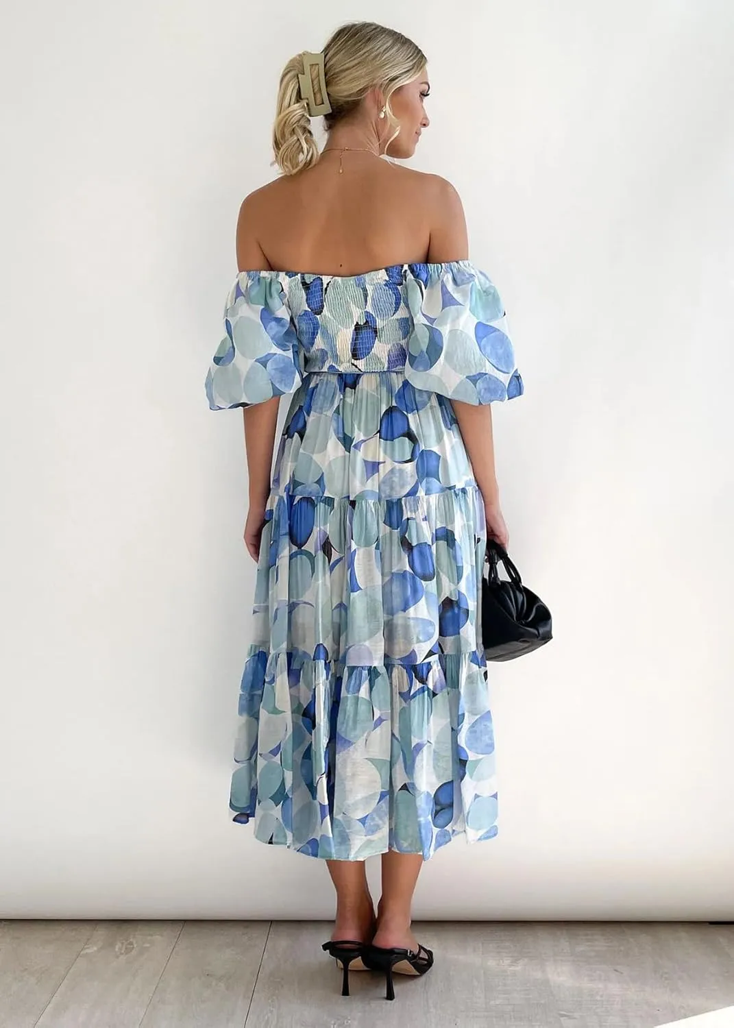 Women's Floral Square Neck Maxi Dress Summer Boho Long Dresses Puff Short Sleeve Tiered Maxi Dress Beach Vacation Sundress
